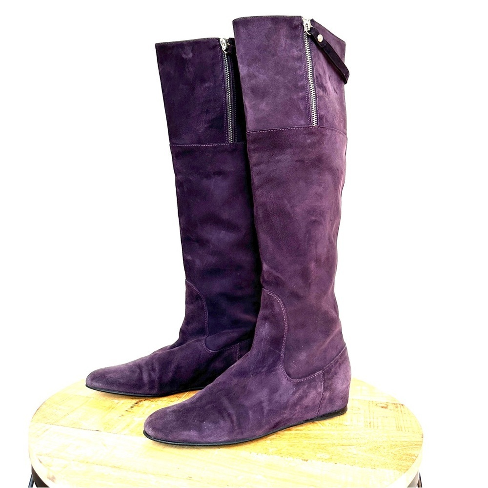 Stuart Weitzman Purple Suede Boots, Over the Knee with Flat Heels, narrow width